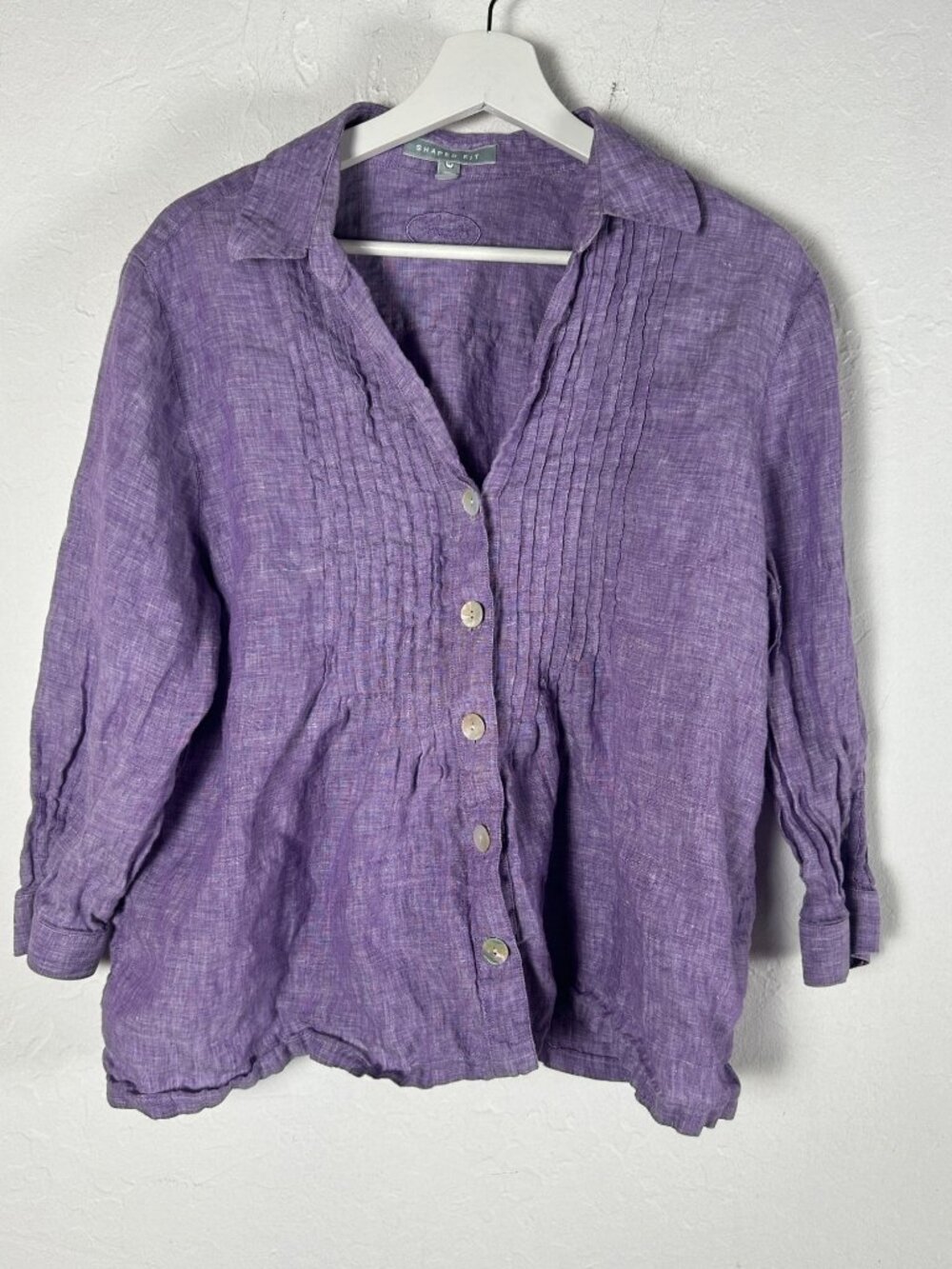 Foxcroft Womens Purple Linen Pleated Button-Down Shirt Size 14 Shaped Fit Casual